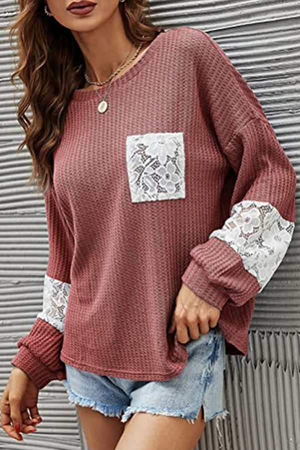 Hoombox Casual Patchwork Lace Split Joint O Neck Tops