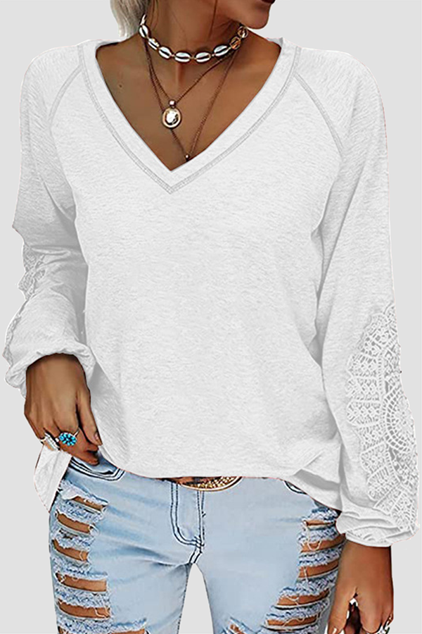 Hoombox Casual Solid Lace Split Joint V Neck T-Shirts