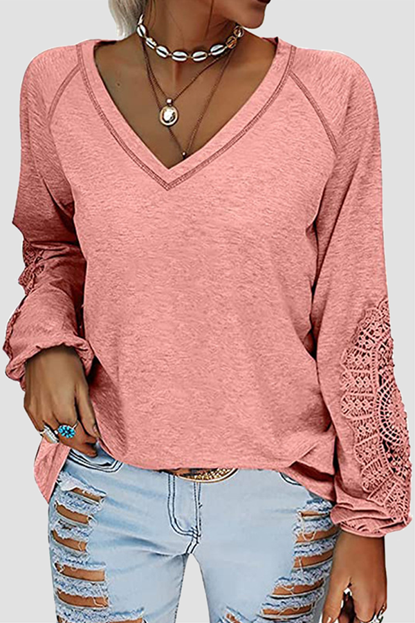 Hoombox Casual Solid Lace Split Joint V Neck T-Shirts