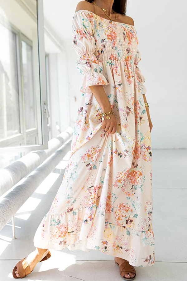 Elegant Floral Flounce Fold Off the Shoulder A Line Dresses(3 Colors)