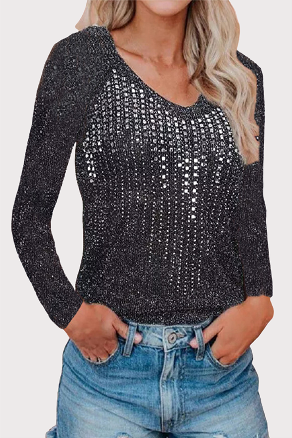 Hoombox Casual Hot Drilling Split Joint Sequined O Neck Tops