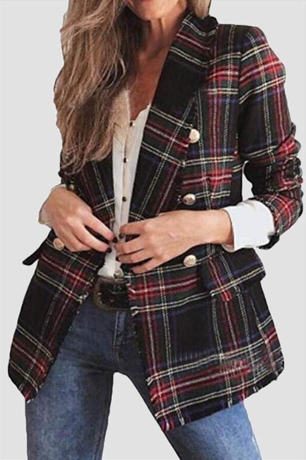 Hoombox Casual Plaid Patchwork Buckle Turndown Collar Outerwear(4 colors)