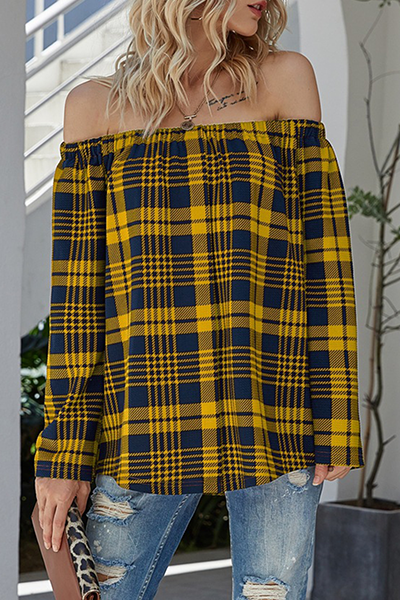 Hoombox Casual Plaid Split Joint Off the Shoulder Tops