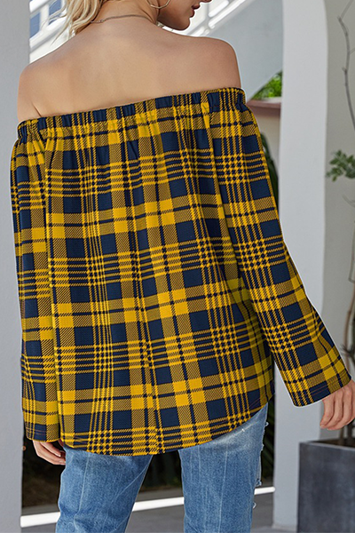 Hoombox Casual Plaid Split Joint Off the Shoulder Tops