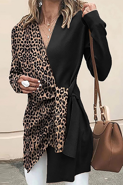 Hoombox Casual Elegant Leopard Patchwork Strap Design V Neck Outerwear(4 Colors)