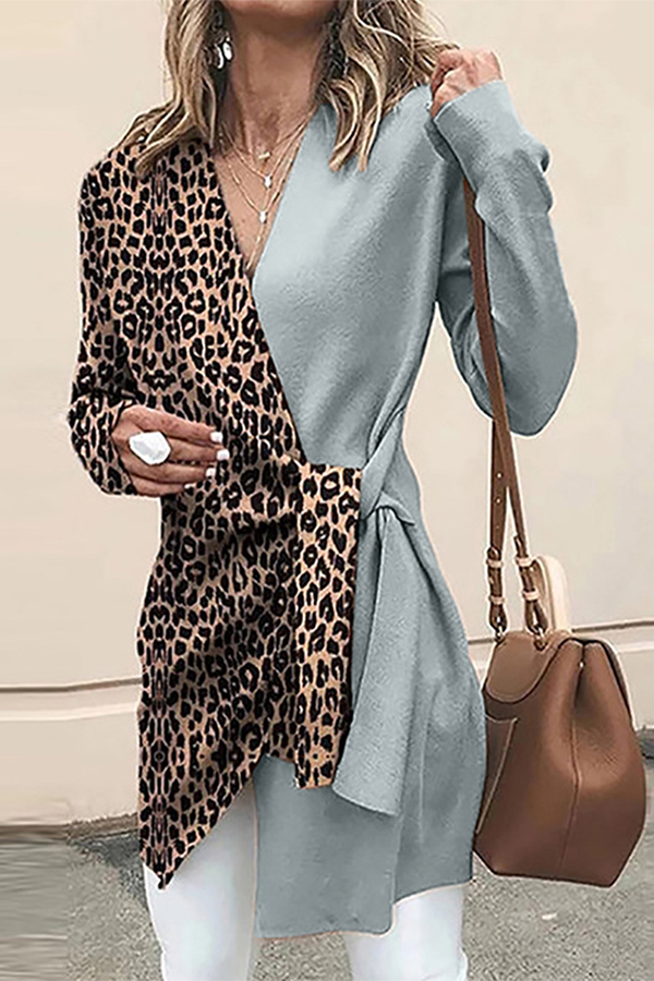Hoombox Casual Elegant Leopard Patchwork Strap Design V Neck Outerwear(4 Colors)
