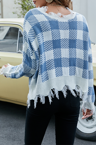 Hoombox Casual Plaid Tassel  Contrast V Neck Tops Sweater