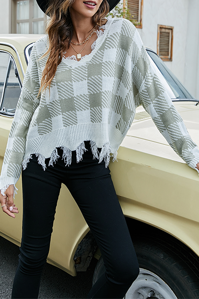 Hoombox Casual Plaid Tassel  Contrast V Neck Tops Sweater