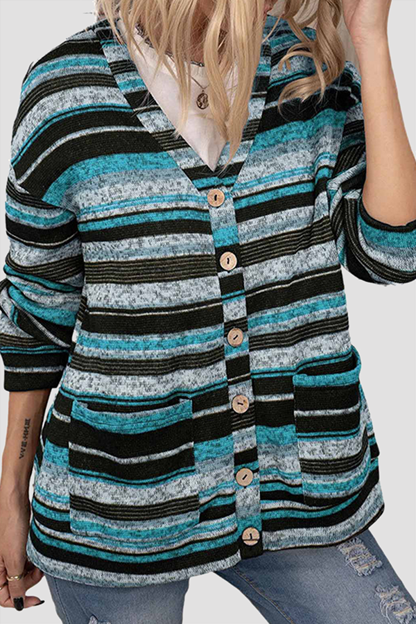 Hoombox Casual Striped Pocket Buckle V Neck Outerwear