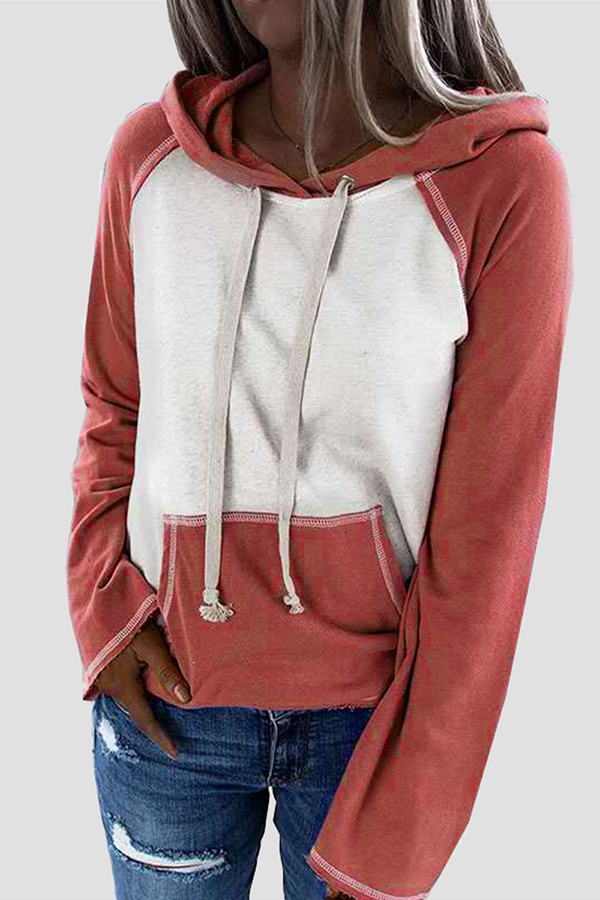 Hoombox Casual Patchwork Draw String Pocket Hooded Collar Tops