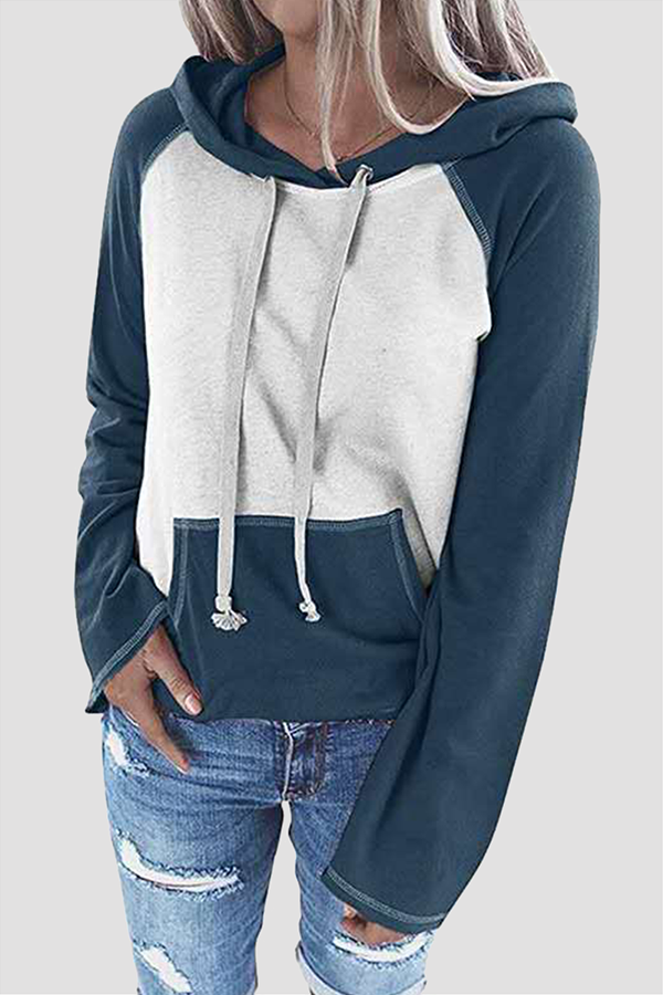 Hoombox Casual Patchwork Draw String Pocket Hooded Collar Tops