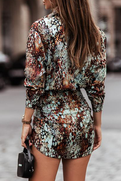 Hoombox Fashion Elegant Print Buckle Strap Design Turndown Collar Waist Dresses（4 colors）