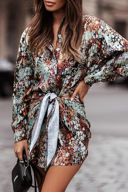 Hoombox Fashion Elegant Print Buckle Strap Design Turndown Collar Waist Dresses（4 colors）