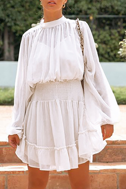 Hoombox Fashion Casual Solid Flounce Fold Half A Turtleneck Waist Skirt Dresses（4 colors）