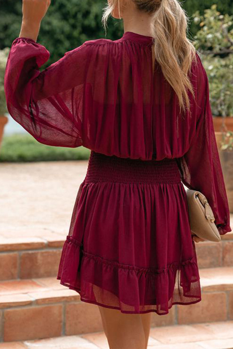 Hoombox Fashion Casual Solid Flounce Fold Half A Turtleneck Waist Skirt Dresses（4 colors）