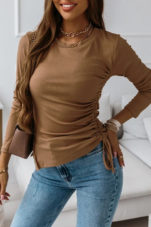 Hoombox Casual Solid Draw String Slit O Neck Tops（3 colors）