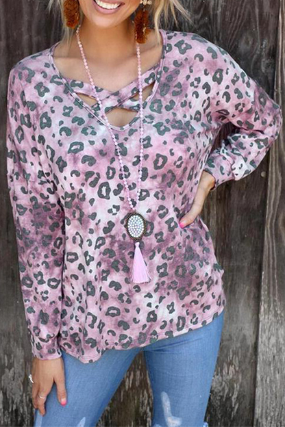 Hoombox Casual Leopard Hollowed Out Split Joint V Neck Tops(3 colors)