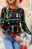 Hoombox Casual Letter Christmas Tree Printed Sequins Patchwork O Neck Tops