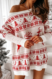 Hoombox Casual Wapiti Snowflakes Christmas Tree Printed Patchwork Contrast O Neck Dresses Sweater