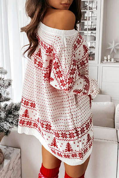 Hoombox Casual Wapiti Snowflakes Christmas Tree Printed Patchwork Contrast O Neck Dresses Sweater