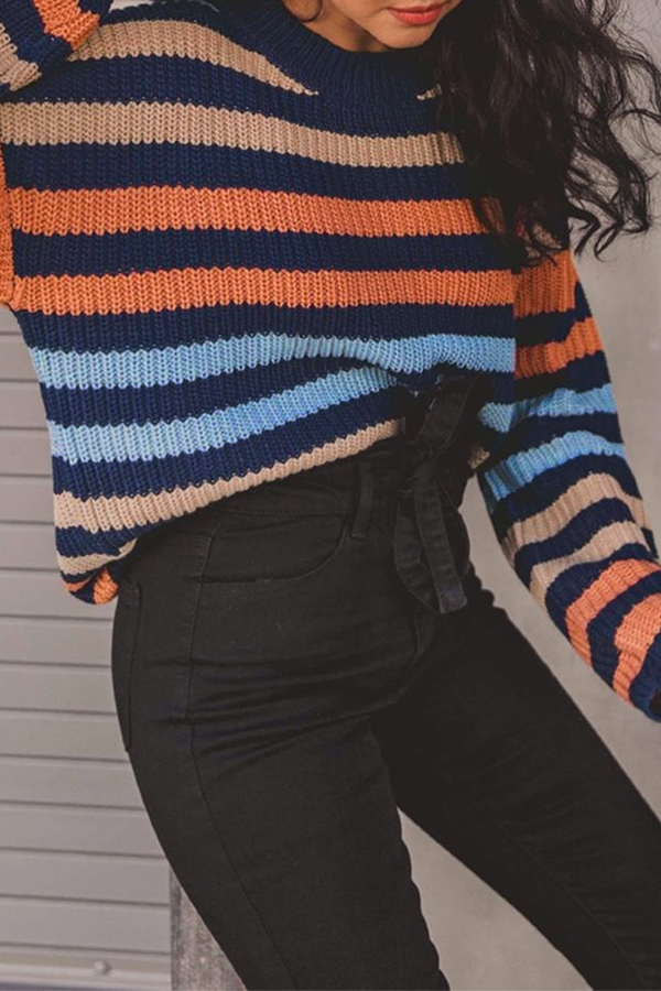 Hoombox Fashion Casual Striped Basic O Neck Tops Sweater