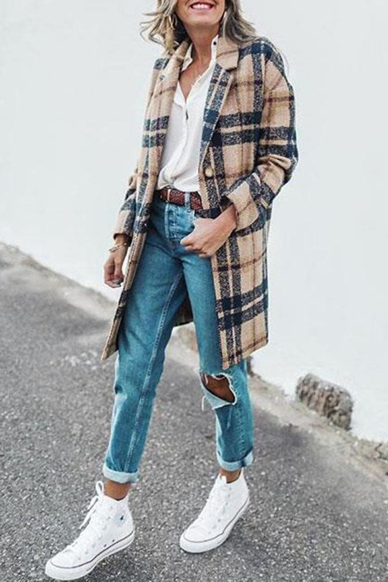 Hoombox Casual Plaid Print Without Belt Turn-back Collar Outerwear