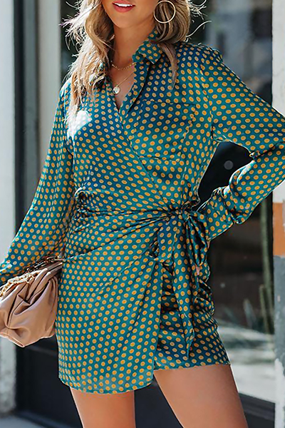 Hoombox Fashion Elegant Polka Dot Split Joint Strap Design Turndown Collar Dresses
