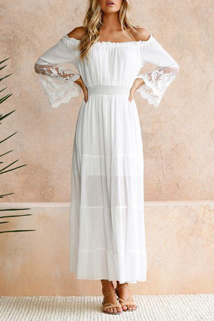 Hoombox Fashion Elegant Solid Lace Split Joint Off the Shoulder A Line Dresses