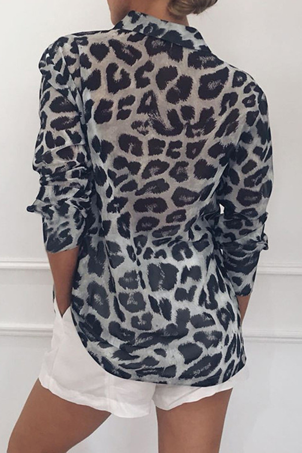 Hoombox Fashion Casual Leopard Buckle Turndown Collar Tops