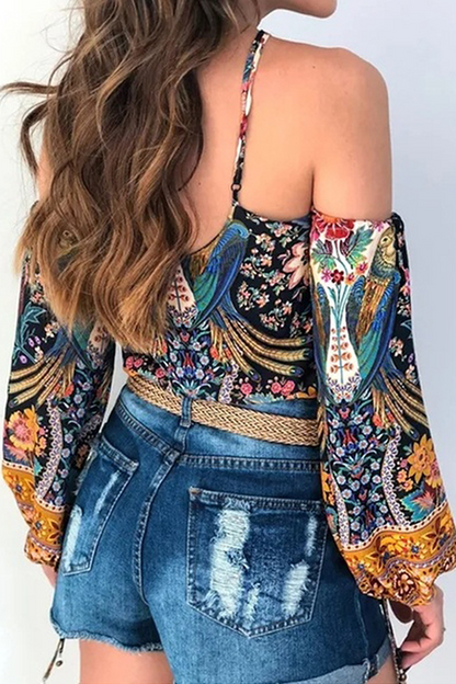Hoombox Fashion Casual Print Split Joint Backless Halter Tops