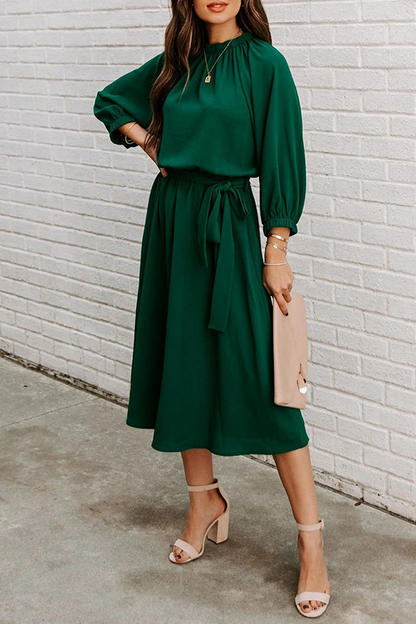 Hoombox Casual Solid Split Joint With Belt O Neck Waist Skirt Dresses