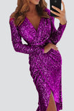 Hoombox Fashion Elegant Solid Split Joint Sequined V Neck Evening Dress Dresses
