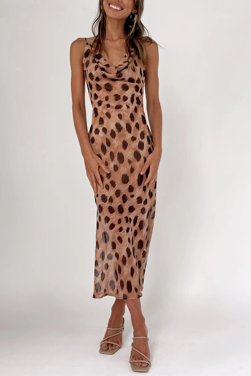 Hoombox Sexy Animal Print Leopard Patchwork Spaghetti Strap Pencil Skirt Dresses
