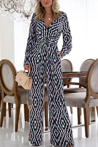 Hoombox Casual Print Patchwork V Neck Boot Cut Jumpsuits