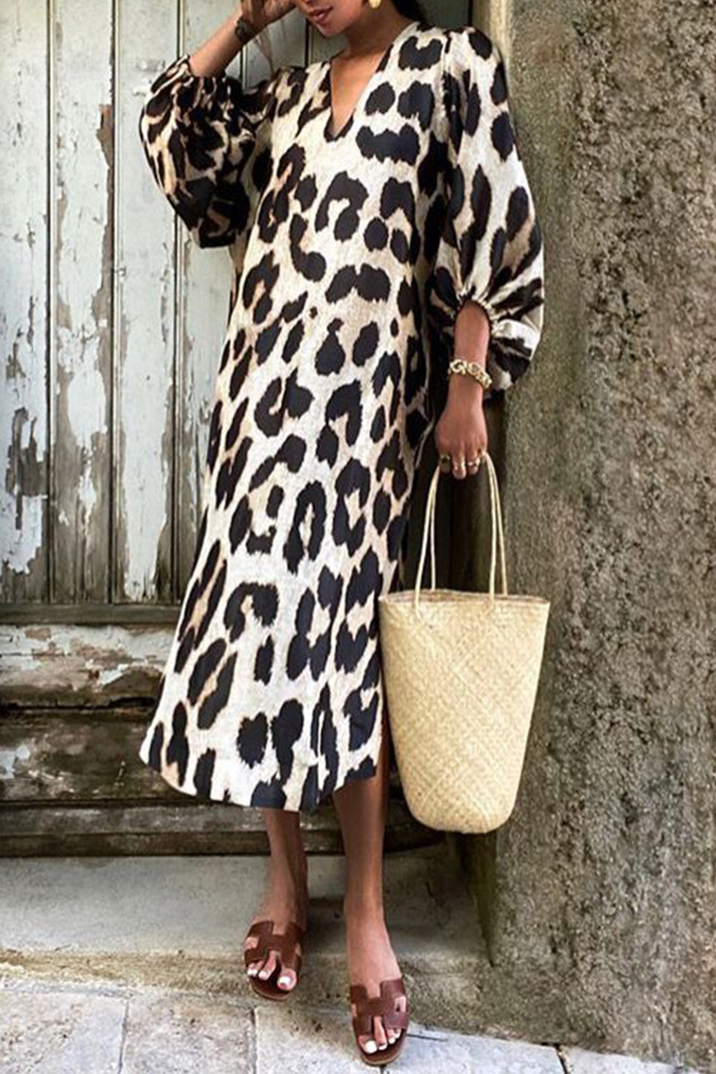 Hoombox Casual Leopard Patchwork V Neck Straight Dresses