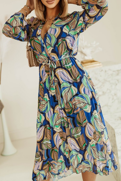 Hoombox Casual Print Split Joint Turndown Collar Waist Skirt Dresses(3 colors)