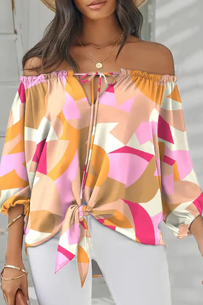 Fashion Print Patchwork Off the Shoulder Blouses(7 Colors)