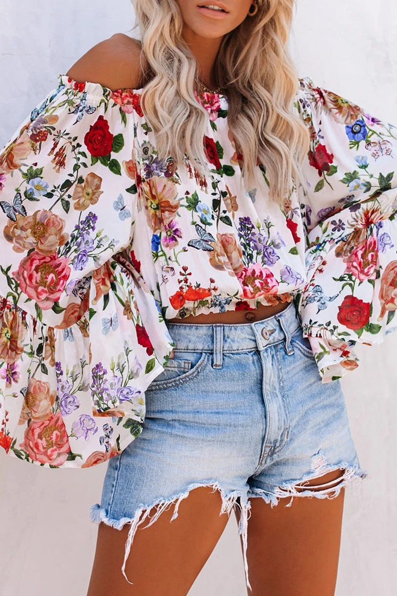 Hoombox Casual Print Patchwork Off the Shoulder Tops