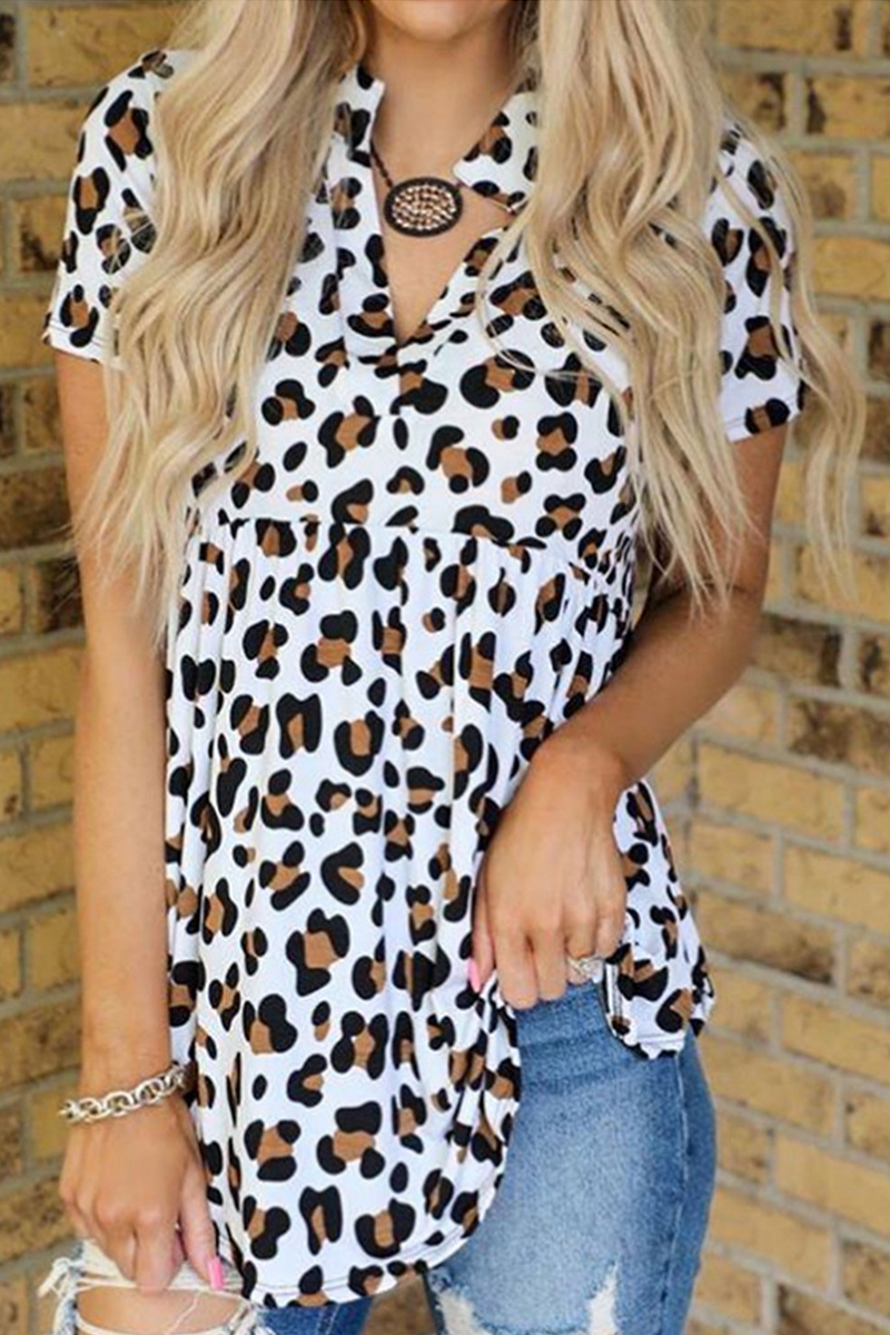 Hoombox Casual Leopard Patchwork Turndown Collar T-Shirts