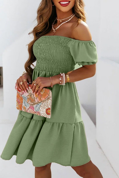 Casual Solid Patchwork Off the Shoulder Cake Skirt Dresses(4 colors)