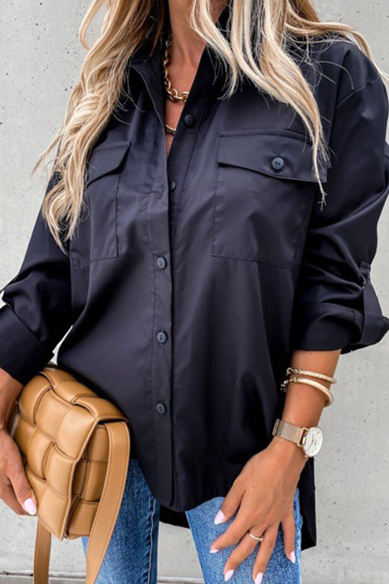 Hoombox Casual Solid Patchwork Turndown Collar Tops