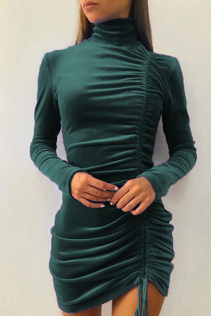 Hoombox Sexy Elegant Solid Draw String Half A Turtleneck Wrapped Skirt Dresses(8 colors)