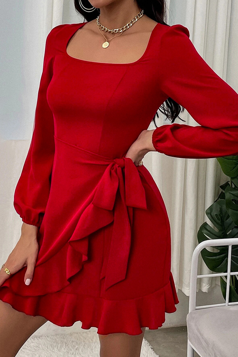 Hoombox Fashion Solid Flounce Square Collar Cake Skirt Dresses