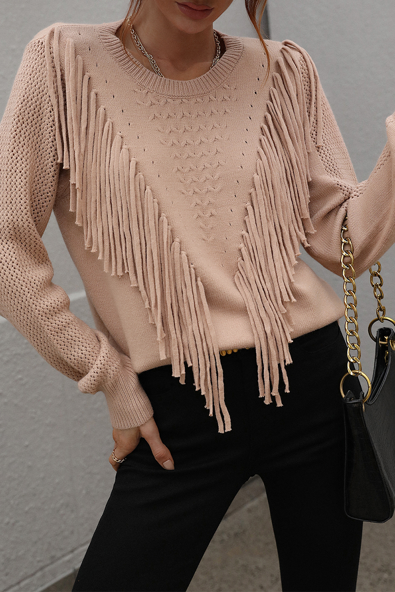 Hoombox Fashion Solid Tassel Patchwork O Neck Tops