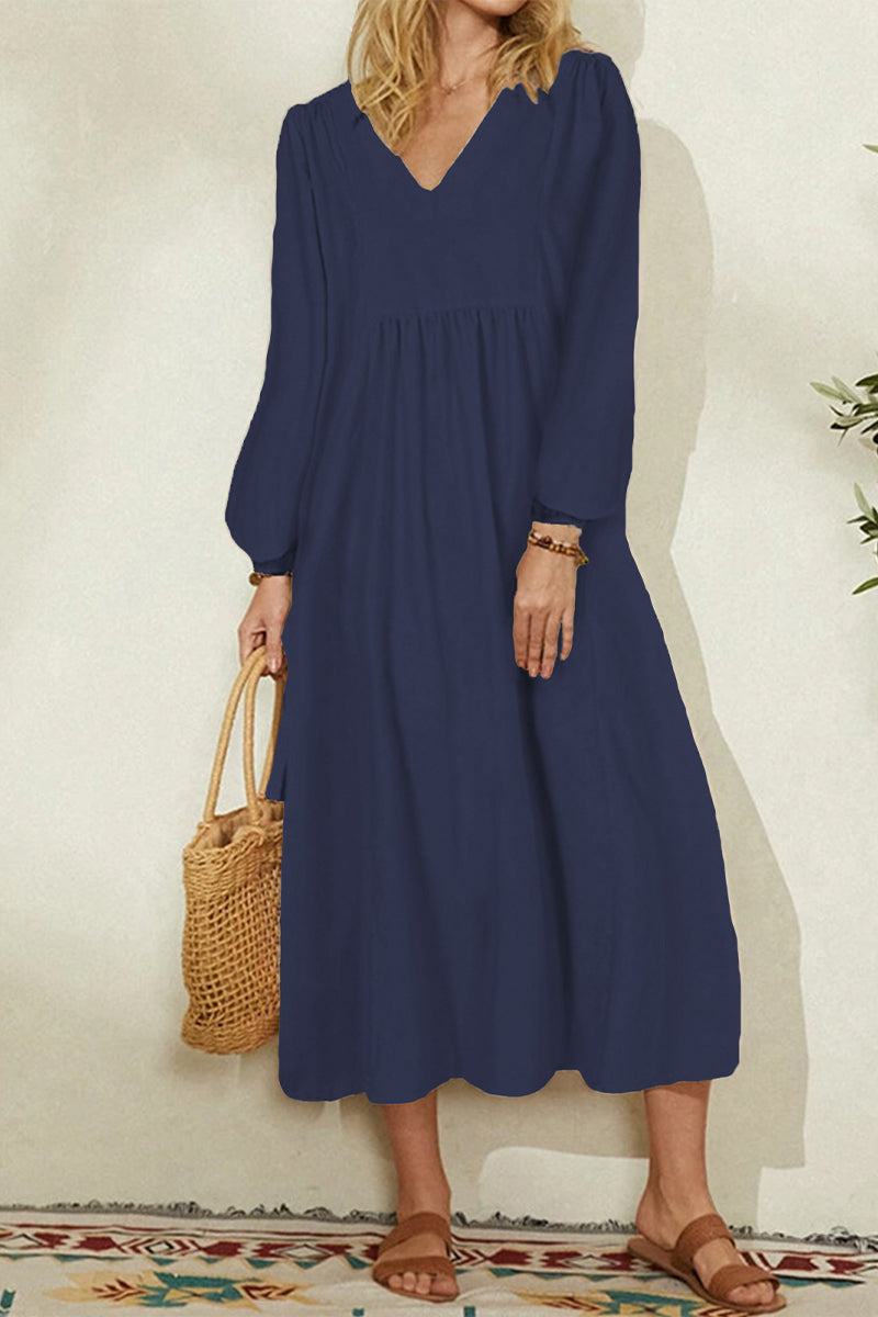 Hoombox Fashion Work Solid Fold V Neck Long Dress Dresses(4 colors)