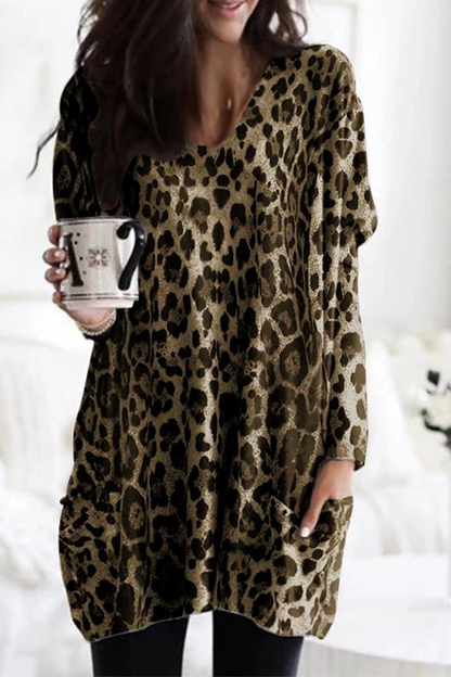 Hoombox Casual Leopard Patchwork U Neck Straight Dresses