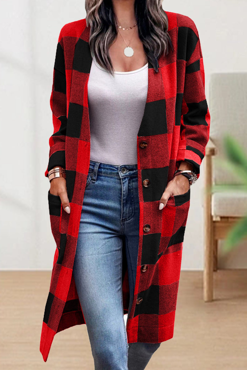 Hoombox Work Street Plaid Striped Pocket Buckle V Neck Outerwear(4 Colors)