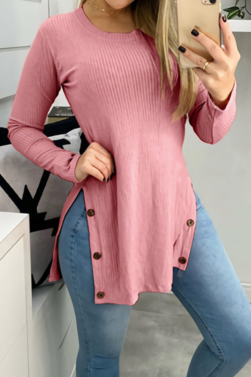 Hoombox Street  Buttons Solid Color O Neck Tops(7 Colors)
