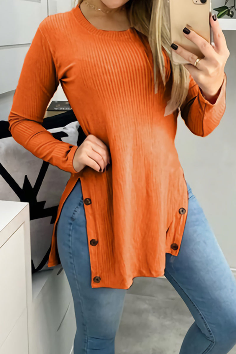 Hoombox Street  Buttons Solid Color O Neck Tops(7 Colors)