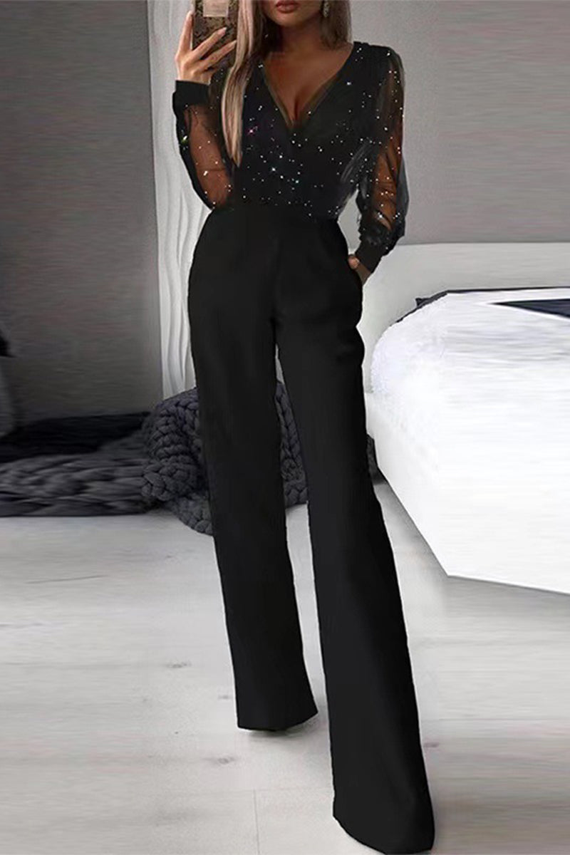 Hoombox Sexy Elegant Patchwork Patchwork V Neck Straight Jumpsuits